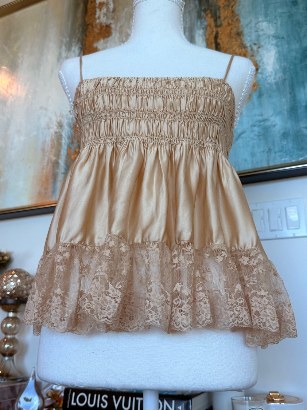 Smocked Lace-Hem Satin Cami in Champagne Tan